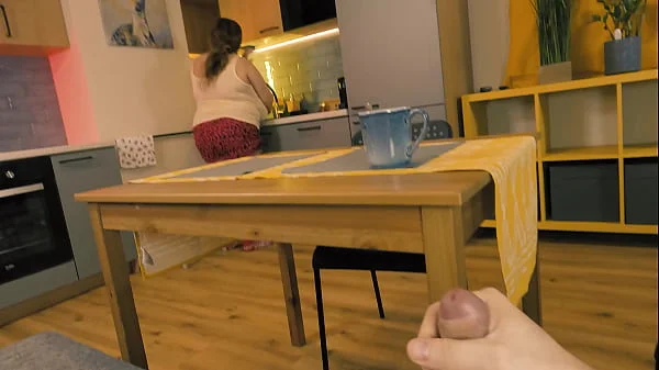 Stepmom noticed her stepson jerking off under a table and decided to help